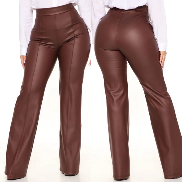 NWT FASHION NOVA Victoria High Waisted Dress Pants Faux Leather 35 - Brown - Picture 1 of 4